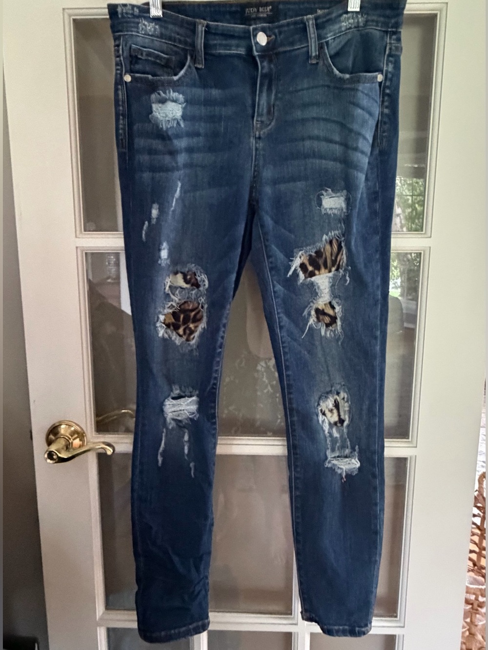 Judy Blue Distressed Dark Blue Skinny Jeans with Leopard peek a boo 13 31